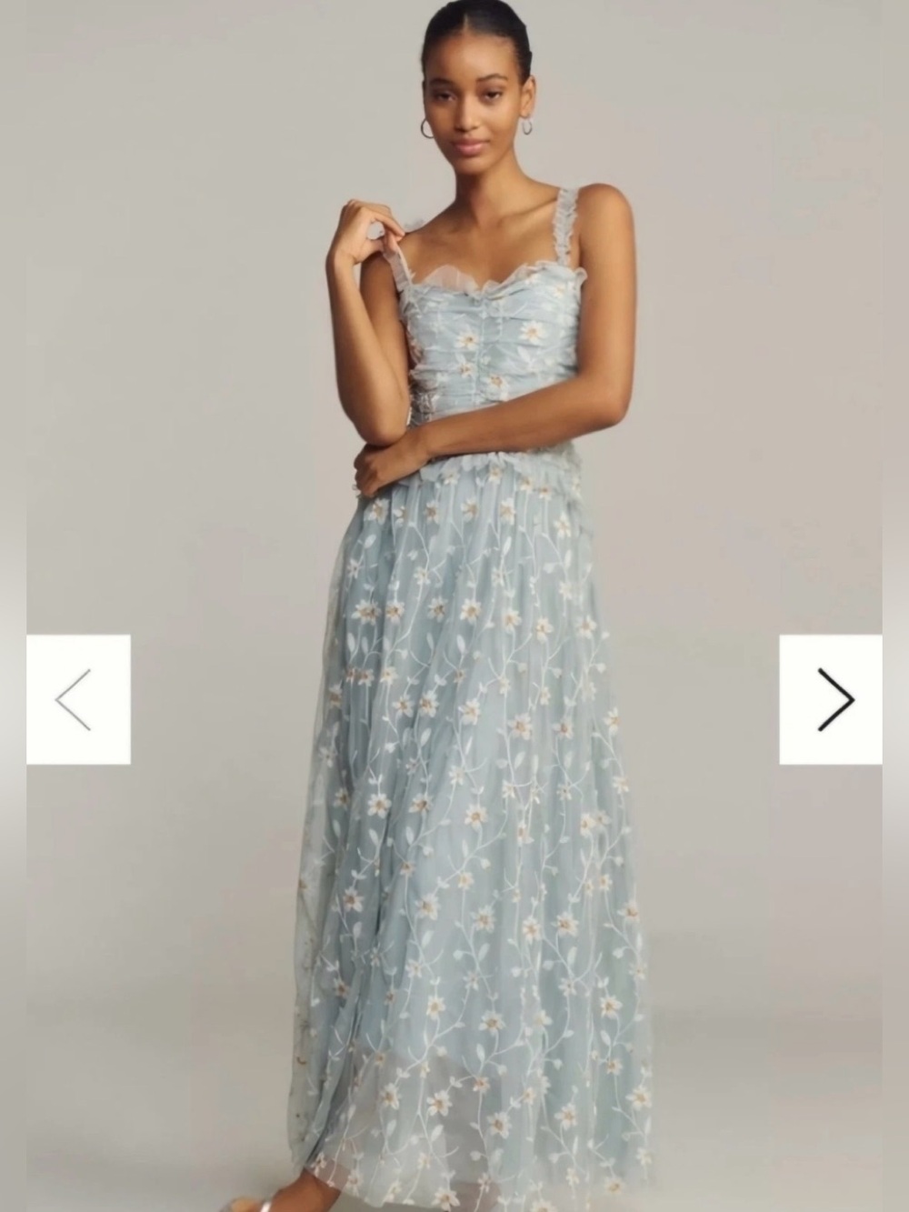 Anthropologie Powder Blue Tulle Floral Smocked Sleeveless Maxi Dress